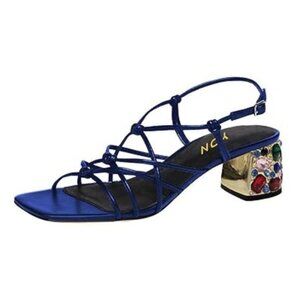 YDN Women Strappy Knot Square Toe Sandals Rhinestone Studded Chunky Low Heel